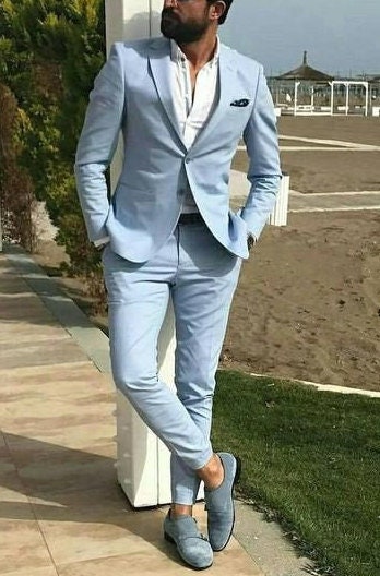 Men Suits Beach Wedding Suits Sky Blue Groom Suits Men 2 Button Notch ...