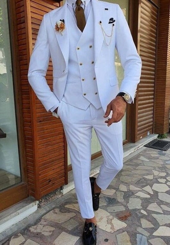Slim Fit White 2 Button Notch Lapel Suit Double Vented