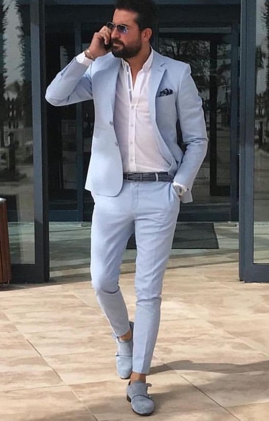 Men Suits Beach Wedding Suits Sky Blue Groom Suits Men 2 Button Notch ...