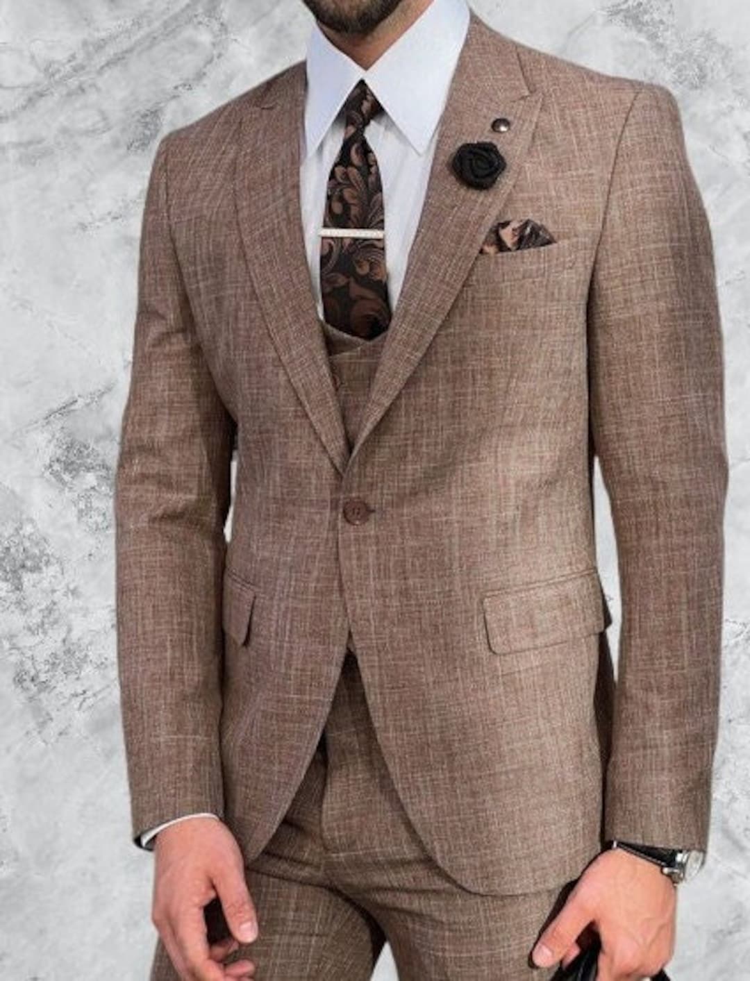 Linen Suit Men's Wedding Party Brown Linen Suit Stylish Elegant Men