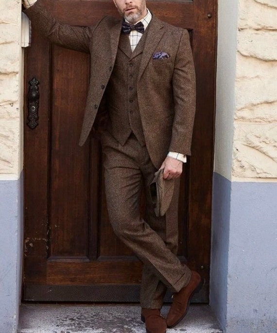 Wool Brown Plaid Suit with Skirt for Men, Extravagant Comfy Fashion Men`s  Suit