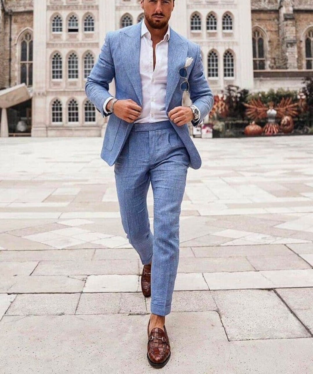 Men Suits Sky Blue Linen Suits 2 Piece Peak Lapel Dinner Suits - Etsy ...