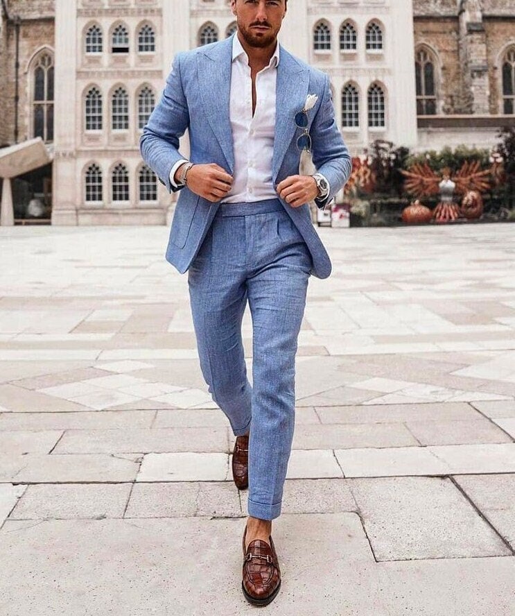 Mens Suits Sky Blue Linen Suits 2 Piece Peak Lapel Dinner - Etsy