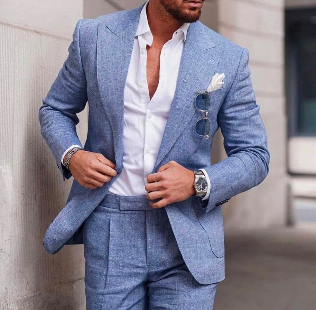 Mens Suits Sky Blue Linen Suits 2 Piece Peak Lapel Dinner - Etsy