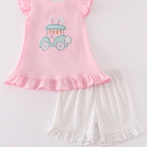 Abby & Evie Girl's Boutique ピンク イースターバニー ゴルフカート アップリケ 2ピース アウトフィットセット お揃い 兄弟