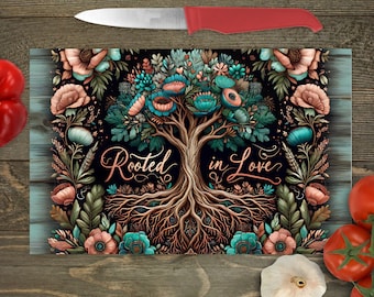 Tabla de cortar de vidrio multicolor con el árbol de la vida enraizado en el amor.