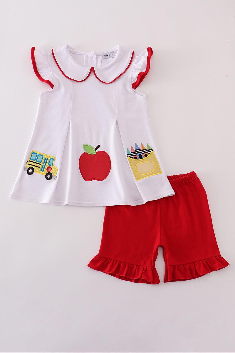 Abby & Evie Girl's Boutique Red Apple Bus BTS Embroidered Embroidery Back To School Ruffle Two Piece Set Shorts Top Outfit Sibling Matching