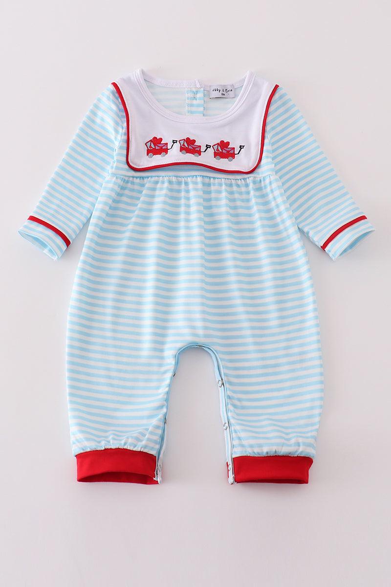 Abby & Evie Boy's Boutique Valentine's Day Heart Envelope Stripe Embroidery Embroidered Romper Matching Sibling