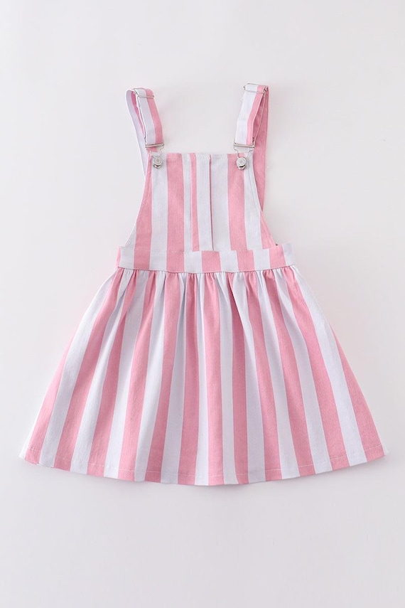 Abby & Evie Girl's Boutique Pink Stripe Denim Strap Overall Dress Coveralls Retro