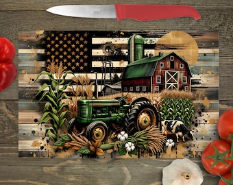 Granja de vacas Windwill Barn Country Rustic Flag Green Tractor Glass Cutting Board