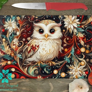 Little Baby Owl Feather Floral Glass Cutting Board