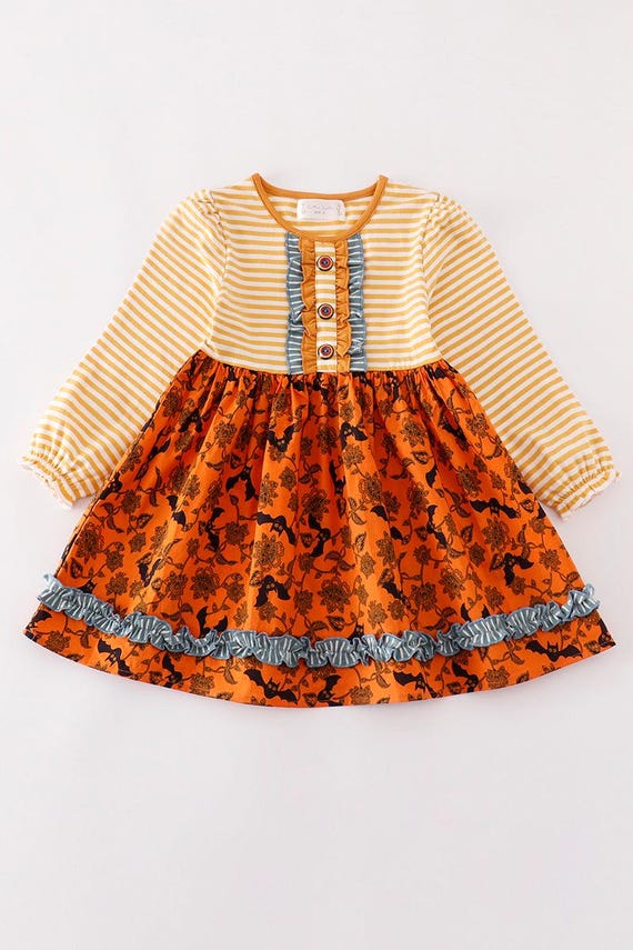 autumn falls blue dress Autumn Leaf Print Smocked Waist Ruffle Dress – Sail to Sable main image 1