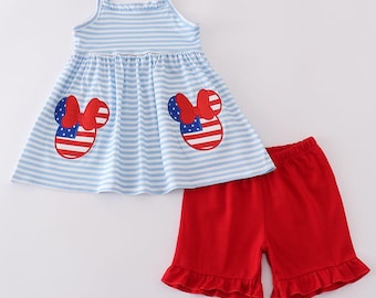 Zestaw dla dziewczynek Abby & Evie z patriotyczną postacią myszy, haftowaną flagą w kolorze czerwonym i niebieskim, 2 sztuki, pasujące do rodzeństwa z okazji 4 lipca