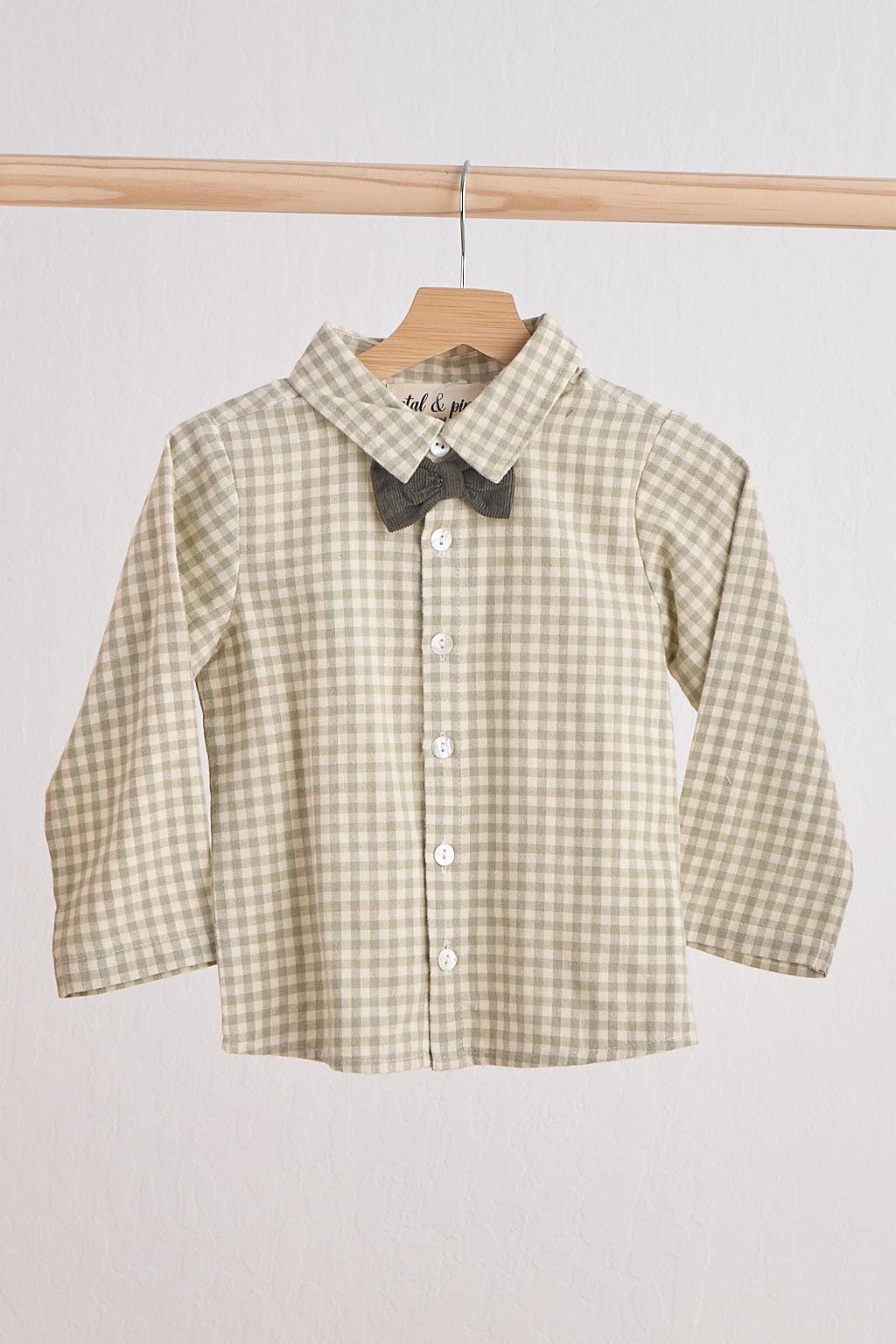 Petal & Pine Boy's Boutique Green Woven Gingham Bow Flannel Button Down Shirt Matching Sibling