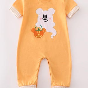 Abby & Evie Boy's Boutique Orange Ghost Mouse Character Halloween Romper Matching Sibling