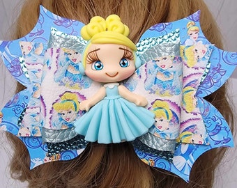 Blue And White Princess Gown Clay Doll Hair Bow Stacked Handmade Boutique