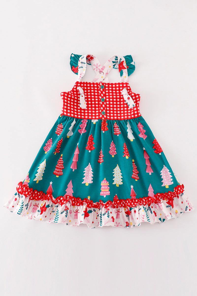 Cotton Castle Girl's Boutique Platinum Red Plaid Christmas Tree Apron Twirl Dress Matching Sibling Ruffles