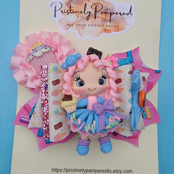 Pink And Blue Sweets Girl Cupcake Sprinkles Clay Doll Hair Bow Stacked Handmade Boutique
