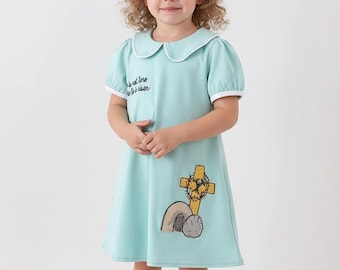 Abby & Evie Girl's Boutique Easter Blue He Is Not Here For He Is Risen Applique Embroidered Embroidery Dress Matching Sibling