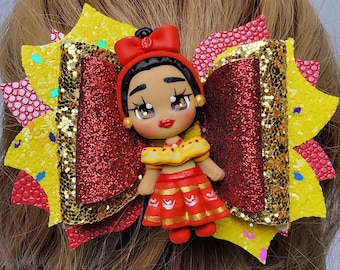 Rood en geel glitter meisje Clay Doll haarboog gestapeld Boutique handgemaakt