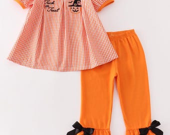Abby & Evie - Ensemble de deux pièces à carreaux orange pour filles, des bonbons ou un sort, assorti à la fratrie