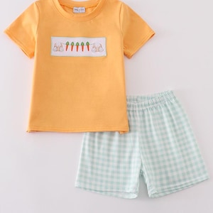 May include: A yellow short-sleeved t-shirt with a bunny and carrot design and a pair of light blue checkered shorts.