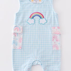 Abby & Evie Boy's or Girl's Boutique Premium Blue Rainbow Embroidered Jon Jon Romper Matching Sibling