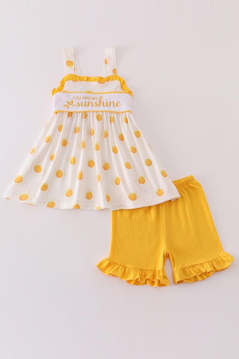 Abby & Evie Girl's Yellow You Are My Sunshine Embroidered Embroidery 2 Piece Set Summer Vacation Sibling Matching