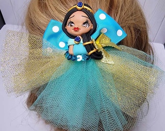 Princesa azul y amarilla muñeca de arcilla vestido de tul lazo para el pelo boutique apilada hecha a mano