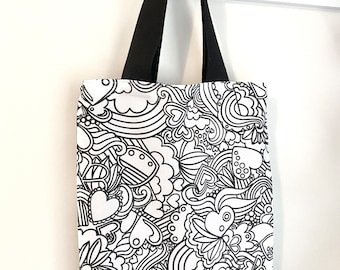 Colour in tote bag, monochrome shopping bag, fabric bag to personalise, add your own colours, hearts and rainbow design,  handmade in UK