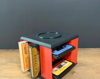 Organizador de casetes vintage, cubo de almacenamiento de cintas Hi-Fi de plástico rojo de los años 80