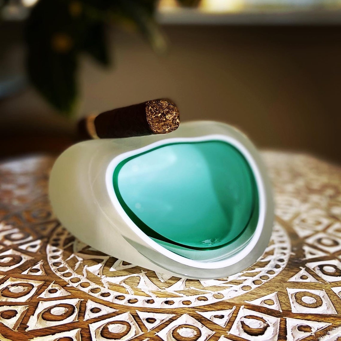 Handblown Green Cigar Glass Ashtray Czevitrum Salamander Hand Blown