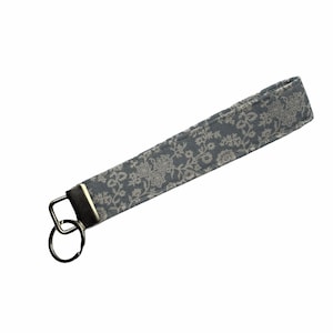 Gray floral Key Fob, Wrist Key Ring, Key Chain, Key Holder, Wristlet, Key Lanyard, Key Wrist Strap
