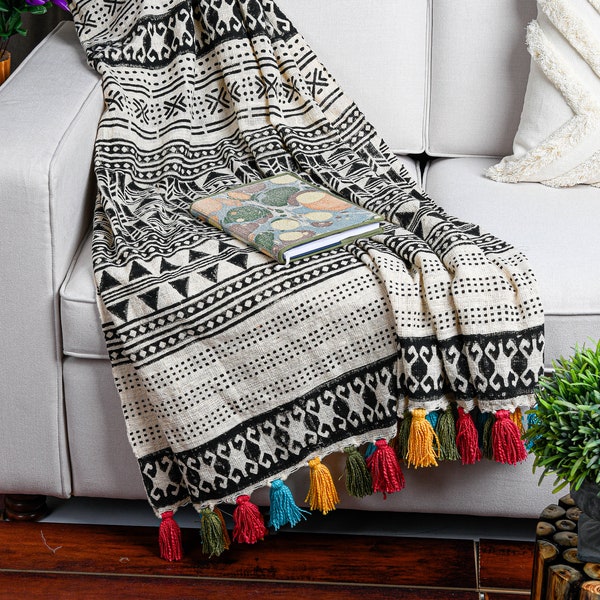 Moroccan Handmade Throw or Shawl wrap with multicolor Tassels black & white throw Aztec shawl blanket with colored tassel  mothers day gift