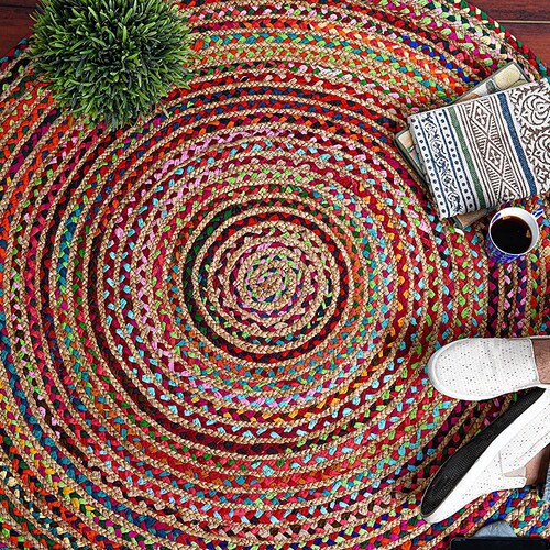 Multi Color Jute Cotton Round Rugs Indian Handmade Purely Yoga | Etsy