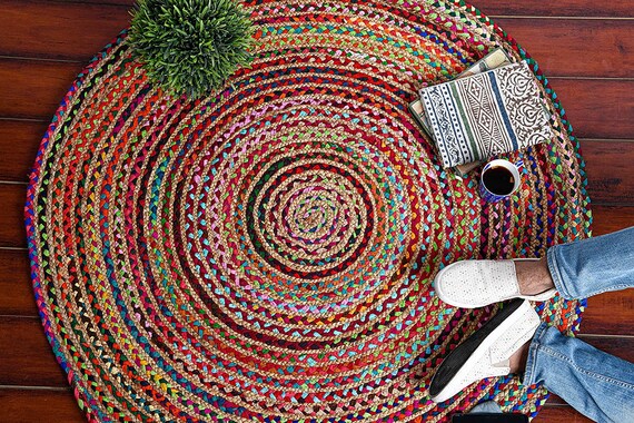 Multi Color Jute Cotton Round Rugs Indian Handmade Purely Yoga | Etsy