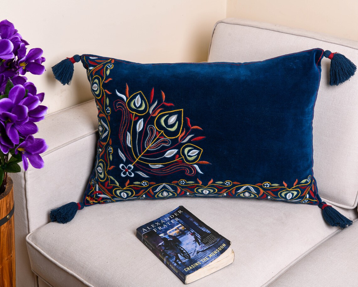 Bohemian Blue Velvet Lumbar Pillow Covers With Beautiful Hand Etsy