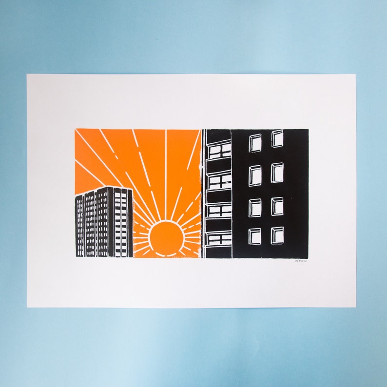 Midday Sun Stadtkopf Hochhäuser Japanische Inspirierte Handbedruckte Architektur Linolschnitt A3 Bild 1