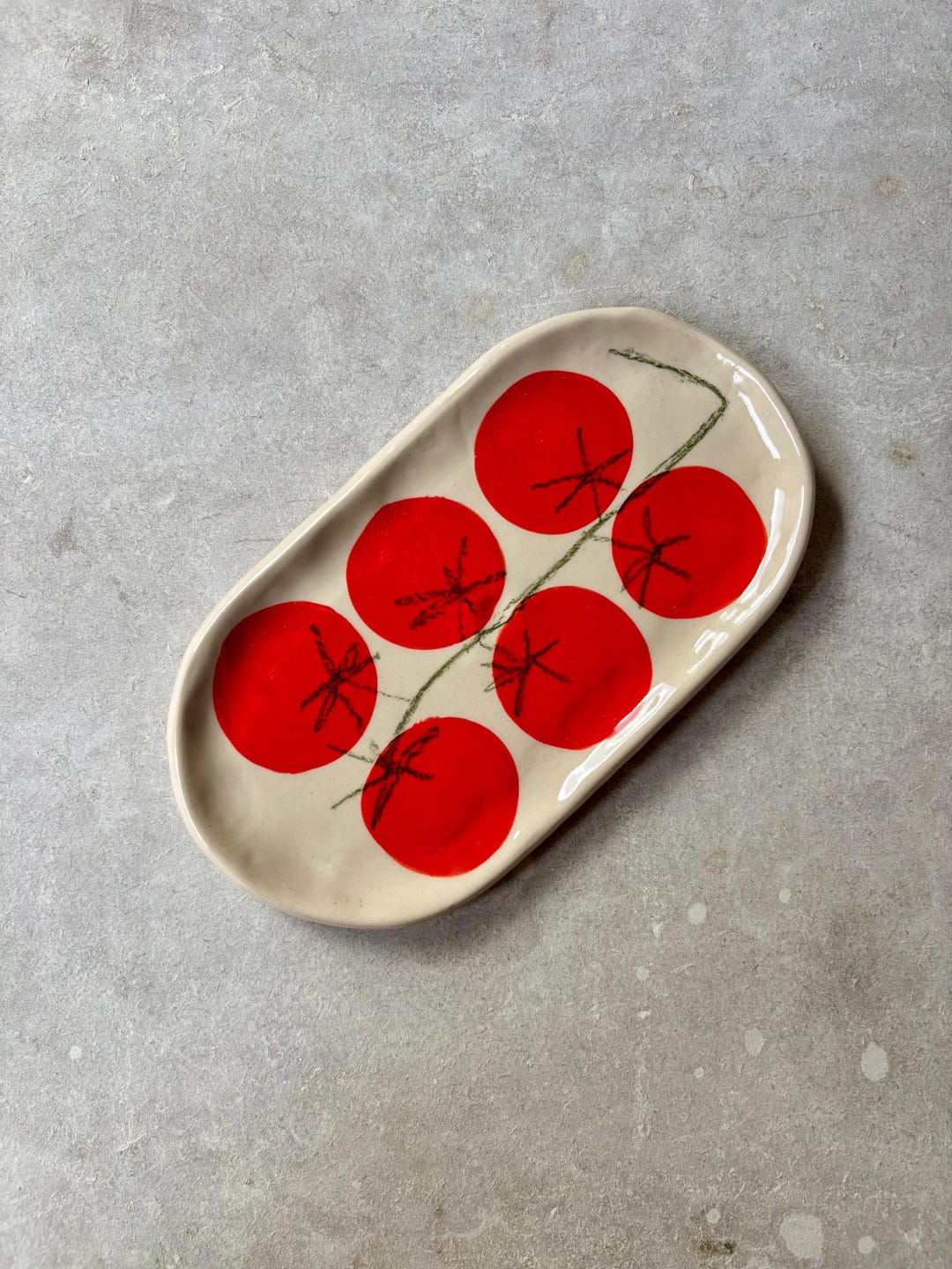 Handmade Ceramic Catch All Dish or Spoon Rest with illustrated tomato design