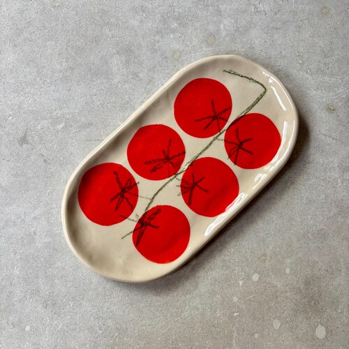Handmade Ceramic Catch All Dish or Spoon Rest with illustrated tomato design