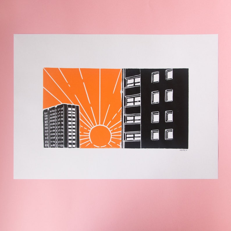 Midday Sun Stadtkopf Hochhäuser Japanische Inspirierte Handbedruckte Architektur Linolschnitt A3 Bild 3