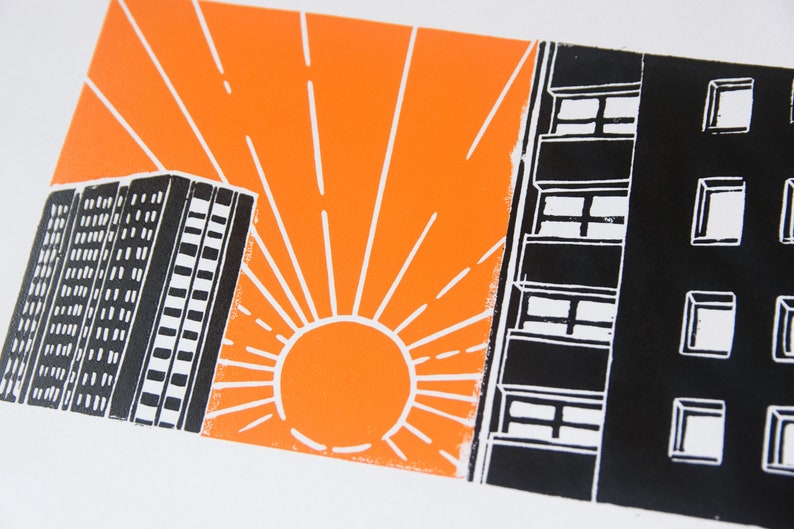 Midday Sun Townhead Highrises Architecture dinspiration japonaise imprimée à la main Linocut A3 image 4