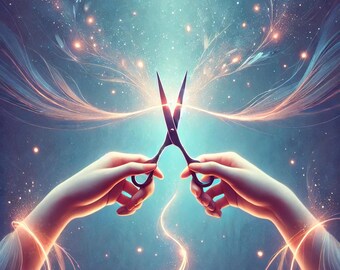 May include: A pair of black scissors are held open by two hands against a blue and white background with glowing lines of light emanating from the blades.