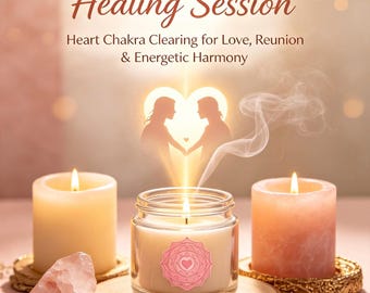 May include: A Twin Flame Healing Session graphic featuring text, a central candle in a glass jar with a pink heart chakra symbol, flanked by two pillar candles, rose quartz crystals, and a glowing silhouette of two figures forming a heart shape.