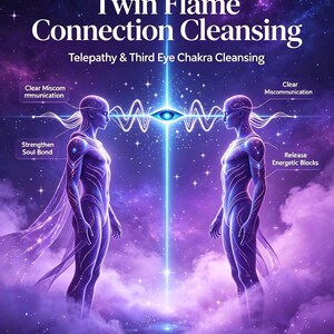 Può includere: Un'illustrazione digitale con due figure eteree l'una di fronte all'altra su uno sfondo cosmico viola. Il testo recita: Twin Flame Connection Cleansing, Telepathy & Third Eye Chakra Cleansing, Clear Miscommunication, Strengthen Soul Bond, Release Energetic Blocks.