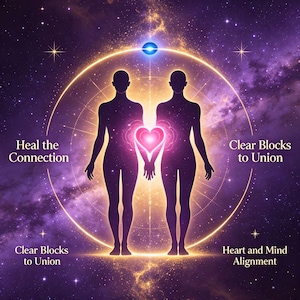 Könnte beinhalten: Eine digitale Illustration mit zwei dunklen Silhouetten, die in einem leuchtenden goldenen Kreis vor einem violetten Galaxie-Hintergrund stehen. Ein helles rosa Herz leuchtet zwischen ihnen. Der Text lautet: Heal the Connection, Clear Blocks to Union, Heart and Mind Alignment.