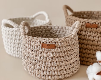 Handmade Cotton Storage Basket with Hanging Handles, Eco-friendly Crochet Basket, Nursery Storage, Plant Pot, Home Storage, Kitchen Storage