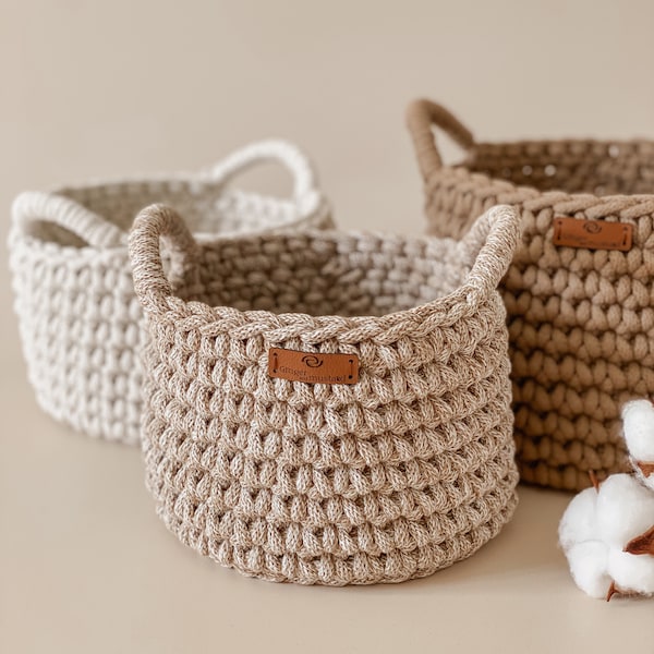 Handmade Cotton Storage Basket with Hanging Handles, Eco-friendly Crochet Basket, Nursery Storage, Plant Pot, Home Storage, Kitchen Storage