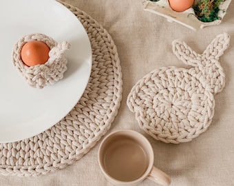 Easter Table Decoration Set, Spring Table Placemats, Round Handmade Placemats, Egg Holder, Bunny Coaster, Dining Table Set, Mug Coaster