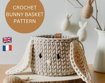 PATTERN, Bunny Basket Crochet Pattern, Crochet Pattern, PDF Pattern, PDF Patron Crochet Panier Lapin, Egg Hunting Basket Pattern